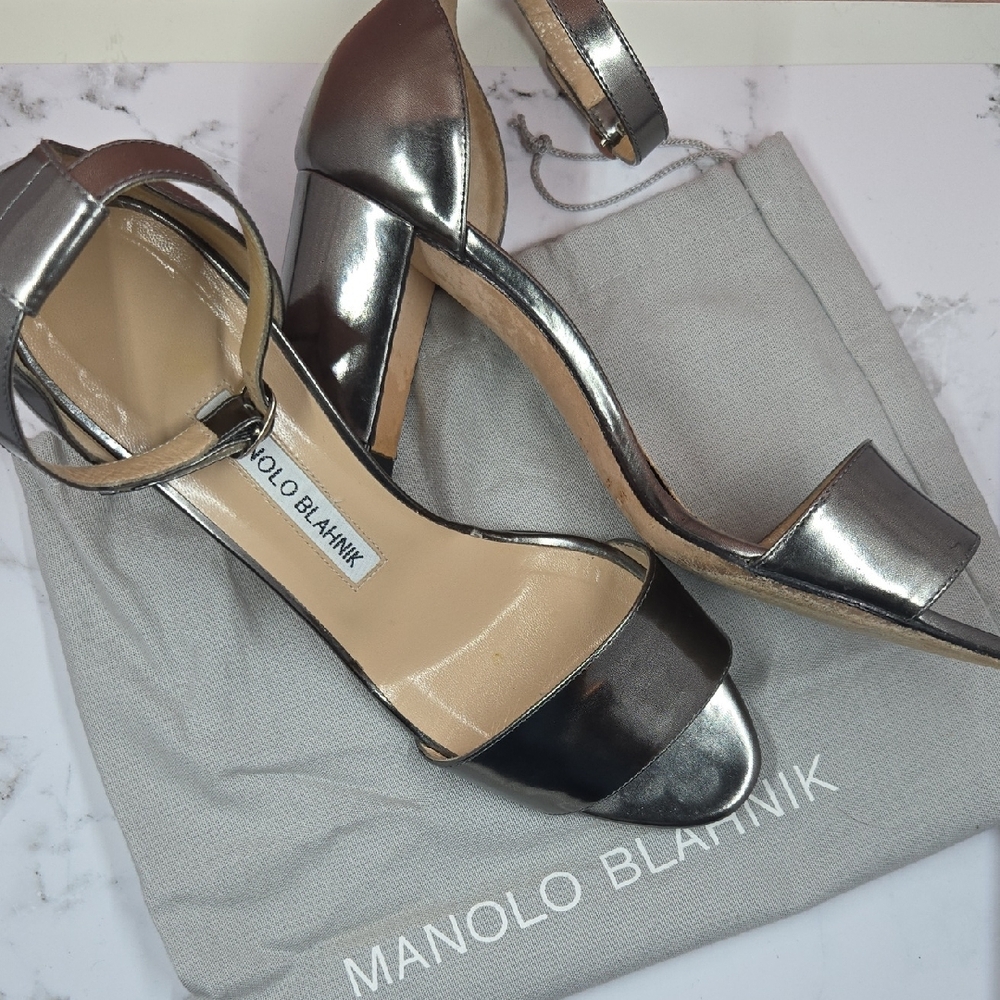 Manolo Blahnik Pewtet Block Heel Sandals With Dustbag And Box